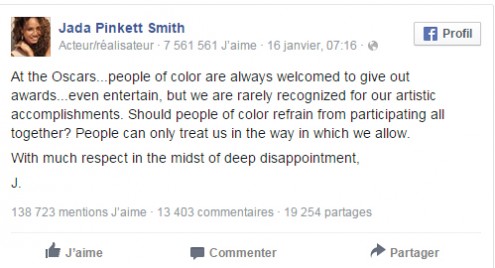 Coup de gueule de Jada Pinkett sur facebook